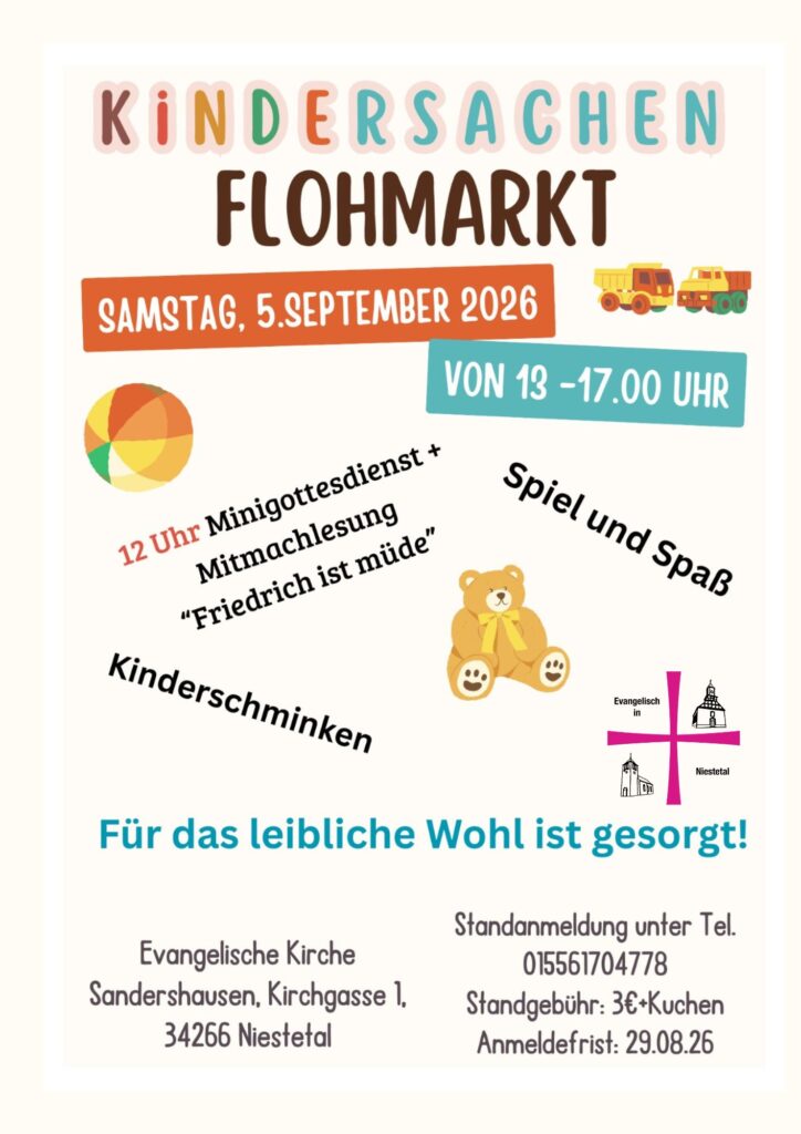 Flohmarkt Niestetal Sa. 05. September 2026, 12 Uhr Gottesdienst, Flohmarkt von 13-17 Uhr
