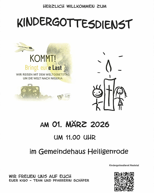 Kindergottesdienst zum Weltgebetstag am 01.März 2026 um 11 Uhr in der Ev Kirche Heiligenrode