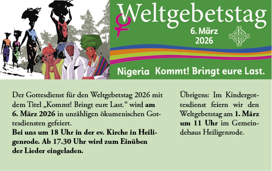Bei uns um 18 Uhr in der ev. Kirche in Heiligenrode. Ab 17.30 Uhr wird zum Einüben der Lieder eingeladen.
Übrigens: Im Kindergottesdienst feiern wir den Weltgebetstag am 1. März um 11 Uhr im Gemeindehaus Heiligenrode.